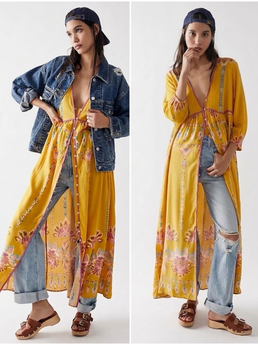 Free People Foley Maxi Dress Duster Yellow Boho Floral Print Small NWOT